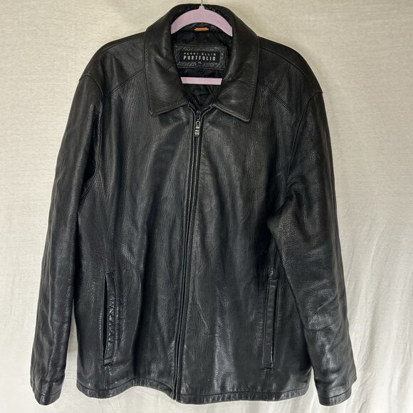 Perry Ellis Portfolio Black Leather Bomber Jacket Coat Men’s XL Biker Warm